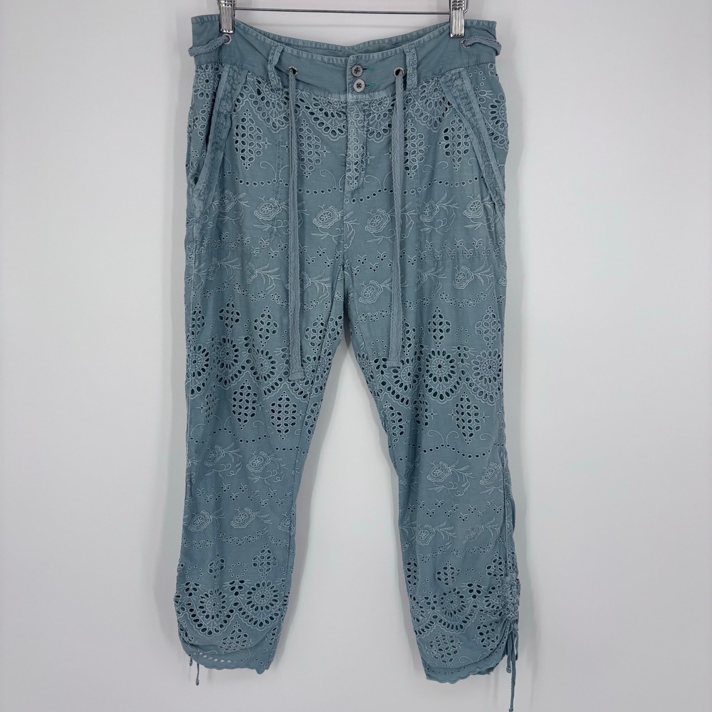 Sundance Eyelet Embroidered Drawstring Crop Pants Womens 6 Teal Blue Boho Summer